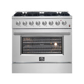 Forno Marco 36-Inch Dual Fuel Range, Stainless Steel, 6 Burners, 67,000 BTU, True Convection Oven, Energy Efficient
