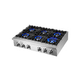 Forno Cossato Alta Qualita 36-Inch Pro-Style Gas Rangetop, Stainless Steel, 6 Sealed Burners, 83,000 BTU Total Output, Continuous Cast Iron Grates