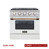 Kucht Professional 30" Dual Fuel Range – KDF302/LP-W Customized with Gold or Rose Gold Accent Knobs (White Body, Factory Propane)