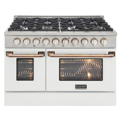Kucht Professional 48" Dual Fuel Range – KDF482-W Customized with Gold or Rose Gold Accent Knobs (White Body)