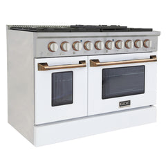 Kucht Professional 48" Dual Fuel Range – KDF482-W Customized with Gold or Rose Gold Accent Knobs (White Body)
