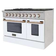 Kucht Professional 48" Dual Fuel Range – KDF482-W Customized with Gold or Rose Gold Accent Knobs (White Body)
