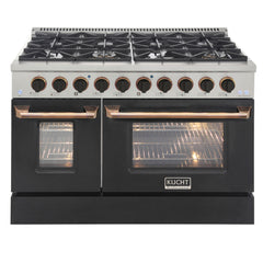 Kucht Professional 48" Dual Fuel Range – KDF482/LP-K Customized with Gold or Rose Gold Accent Knobs (Matte Black Body, Factory Propane)