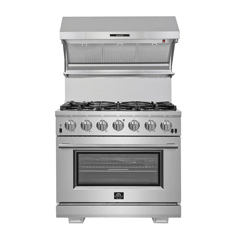 FORNO Capriasca 36-inch Gas Range Stainless Steel, 6 Brass Burners 120,000 BTU, 5.36 cu.ft. Single Oven