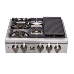 Forno Spezia Alta Qualita 30-Inch Pro-Style Gas Rangetop, Stainless Steel, 5 Sealed Burners, Continuous Cast Iron Grates, High Heat Output