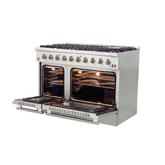 FORNO Galiano 48-inch Gas Range Stainless Steel, 8 Burners, 107,000 BTU, Griddle, 6.58 cu.ft. Double Oven