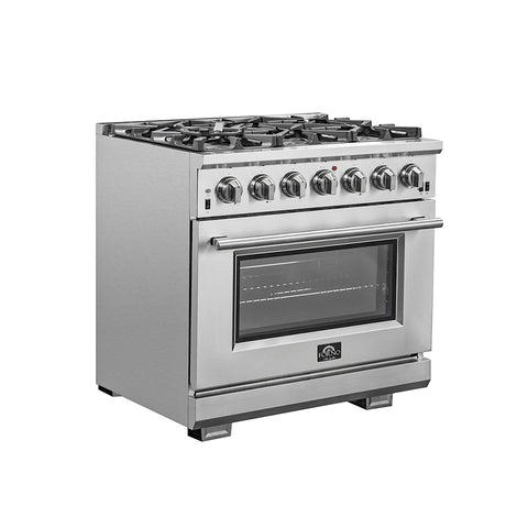 FORNO Capriasca 36-inch Gas Range Stainless Steel, 6 Brass Burners 120,000 BTU, 5.36 cu.ft. Single Oven