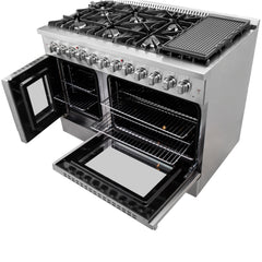 FORNO Galiano 48-Inch French Door Dual Fuel Range All Stainless Steel, 8 Sealed Burners, 107,000 BTU, Griddle, 6.58 cu.ft. Double Ovens
