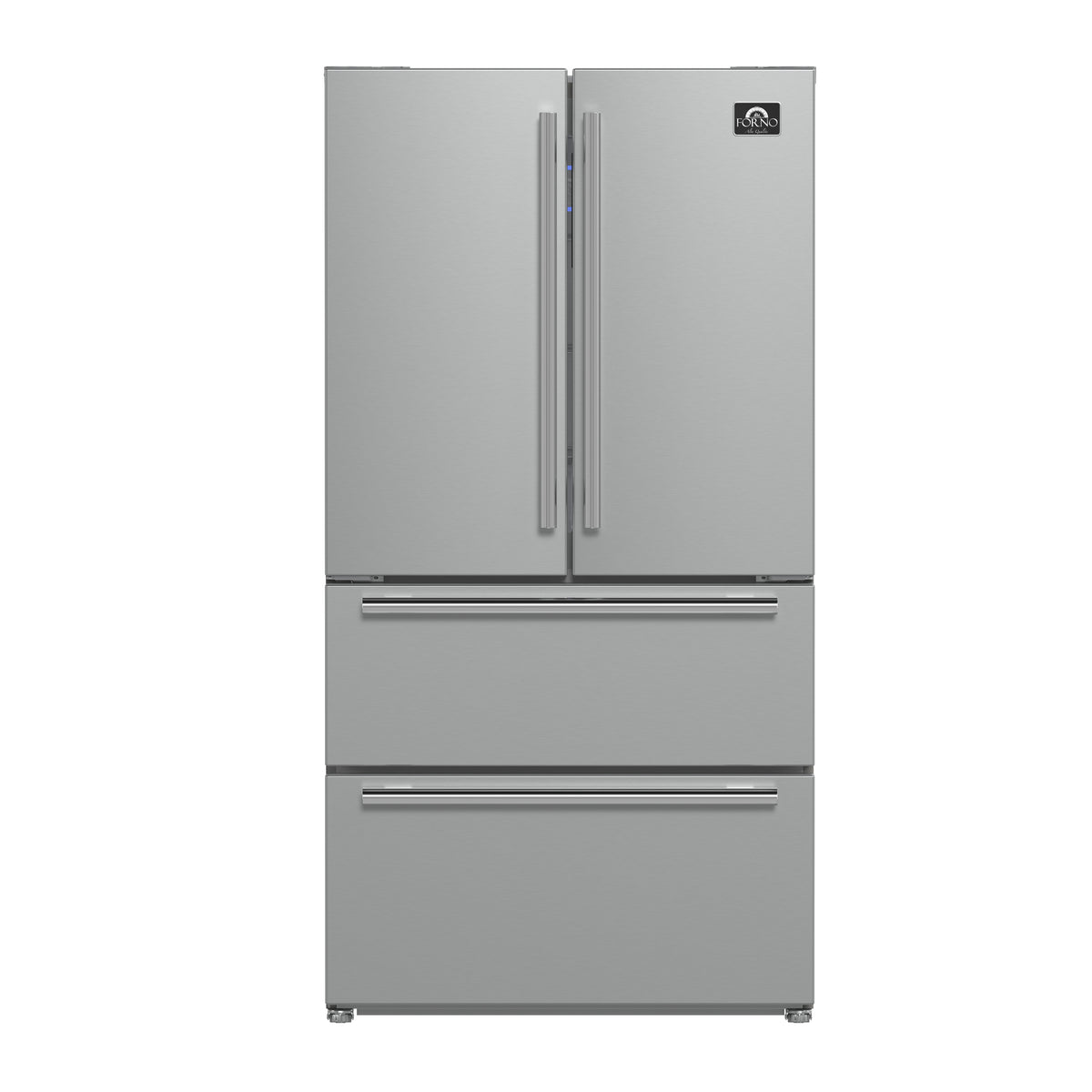 Forno Alta Moena 36" French Door Refrigerator, 19.2 Cu.Ft., Counter Depth, with Ice Maker, Stainless-Steel Interior Panel, and Silver Trim Shelves and Door Bins