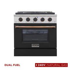 Kucht 30" Propane Dual Fuel Range (KDF302/LP-K Customized) – Matte Black body, Gold/Rose Gold knobs, 4 burners (2×15K BTU), 4.2 cu. ft. convection oven. Factory LP, 4-yr warranty.