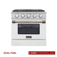 Title Kucht Professional 30" Dual Fuel Range – KDF302-W Customized with Gold or Rose Gold Accent Knobs (White Body)