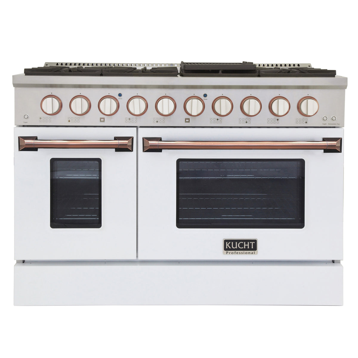 Kucht Professional 48" Dual Fuel Range – KDF482-W Customized with Gold or Rose Gold Accent Knobs (White Body)