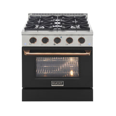 Kucht 30" Propane Dual Fuel Range (KDF302/LP-K Customized) – Matte Black body, Gold/Rose Gold knobs, 4 burners (2×15K BTU), 4.2 cu. ft. convection oven. Factory LP, 4-yr warranty.