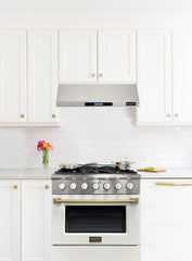 Title Kucht Professional 30" Dual Fuel Range – KDF302-W Customized with Gold or Rose Gold Accent Knobs (White Body)