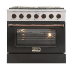 Kucht Professional 36" Dual Fuel Range – KDF362/LP-K Customized with Gold or Rose Gold Accent Knobs (Matte Black Body, Factory Propane)