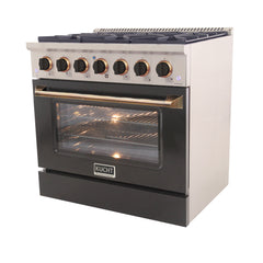 Kucht Professional 36" Dual Fuel Range – KDF362/LP-K Customized with Gold or Rose Gold Accent Knobs (Matte Black Body, Factory Propane)