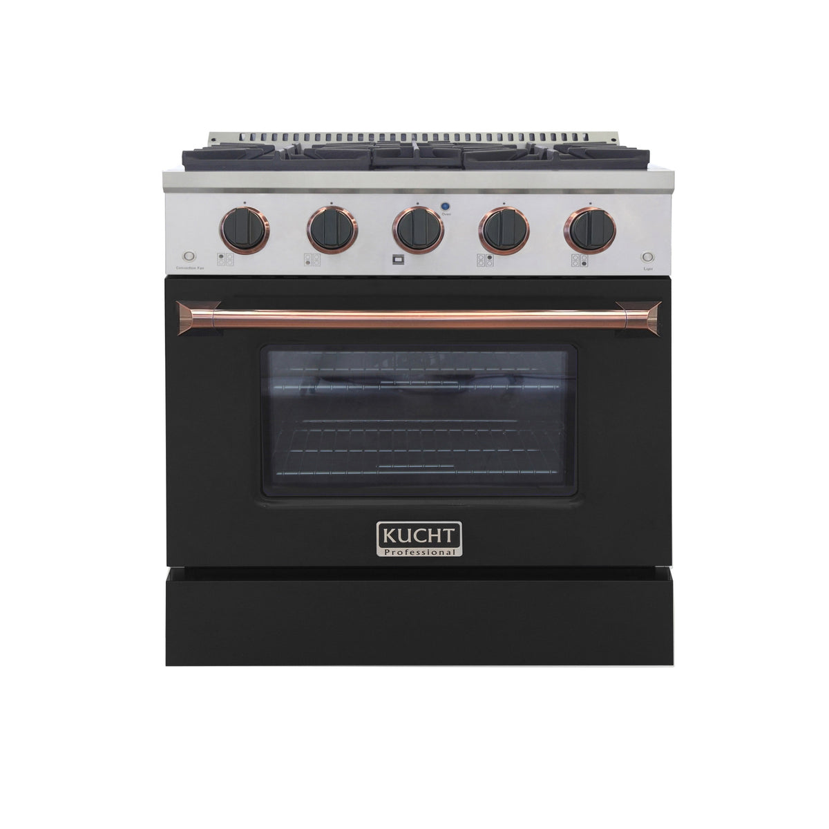 Kucht 30" Propane Dual Fuel Range (KDF302/LP-K Customized) – Matte Black body, Gold/Rose Gold knobs, 4 burners (2×15K BTU), 4.2 cu. ft. convection oven. Factory LP, 4-yr warranty.