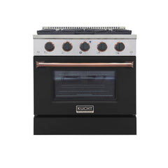 Kucht 30" Propane Dual Fuel Range (KDF302/LP-K Customized) – Matte Black body, Gold/Rose Gold knobs, 4 burners (2×15K BTU), 4.2 cu. ft. convection oven. Factory LP, 4-yr warranty.
