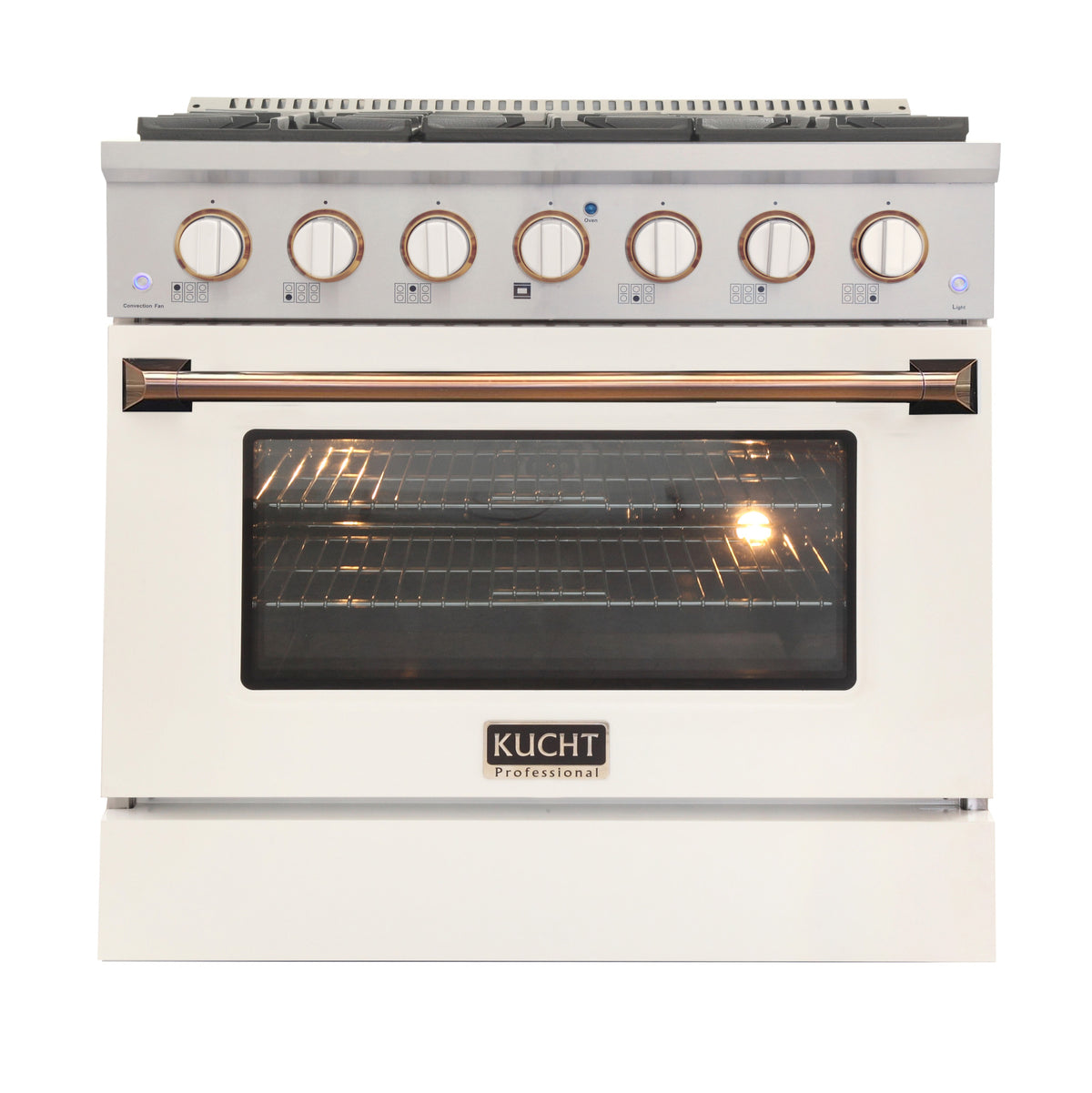 Kucht Professional 36" Dual Fuel Range – KDF362-W Customized with Gold or Rose Gold Accent Knobs (White Body)