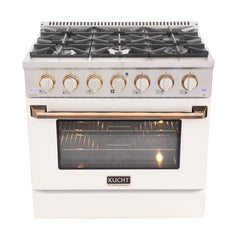 Kucht Professional 36" Dual Fuel Range – KDF362-W Customized with Gold or Rose Gold Accent Knobs (White Body)