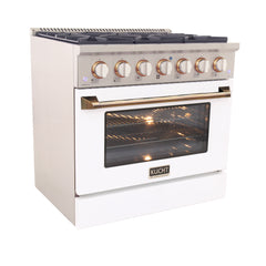 Kucht Professional 36" Dual Fuel Range – KDF362-W Customized with Gold or Rose Gold Accent Knobs (White Body)