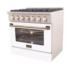 Kucht Professional 36" Dual Fuel Range – KDF362-W Customized with Gold or Rose Gold Accent Knobs (White Body)